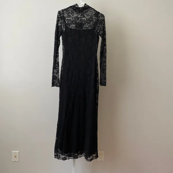 Anthro NIA M Whimsigoth Witchy Black Maxi Dress Floral Lace Mock Neck Sheer Goth - Image 6