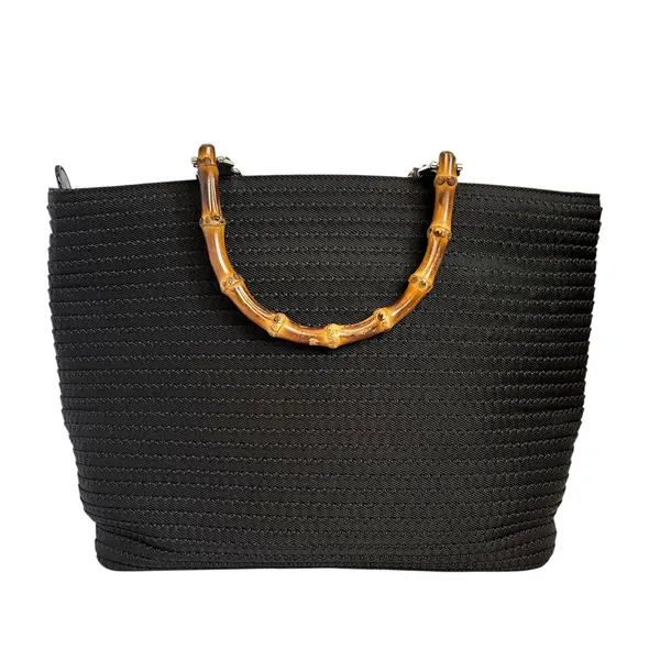 Gucci Vintage Bamboo Top-Handle Black Tiered Nylon Leather Trim Shopper Tote Bag - Image 2