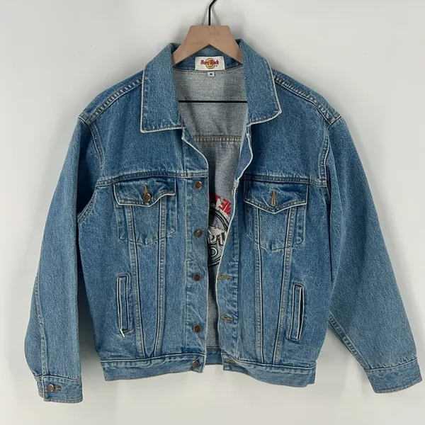 Hard Rock Cafe Singapore Medium Wash Blue Denim‎ Button Front Jacket - Image 4
