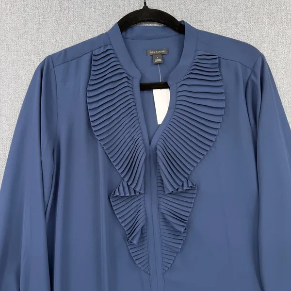 Ann Taylor Womens Navy Blue Pleated Ruffle V-Neck Long Sleeve Blouse Size S NWT - Image 2