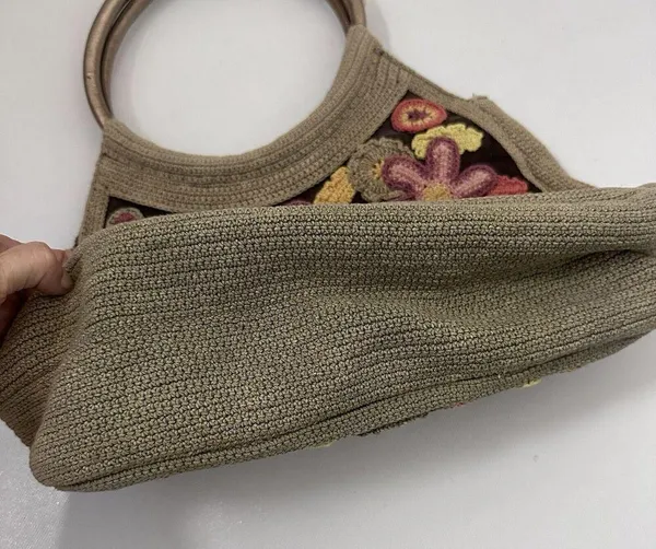 Boho Macrame Crochet Purse Bag Tote Round Handles Floral Brown Hippie 70’s Y2K - Image 6
