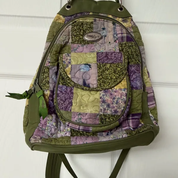 Donna Sharp Quilted Patchwork Sling Backpack Green Purple Floral Convertible Bag - Image 2