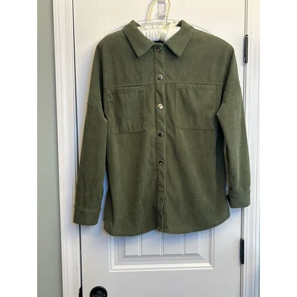 PrettyGarden Chic Women’s Medium Olive Green Corduroy Shacket Snap Front Pockets - Image 11