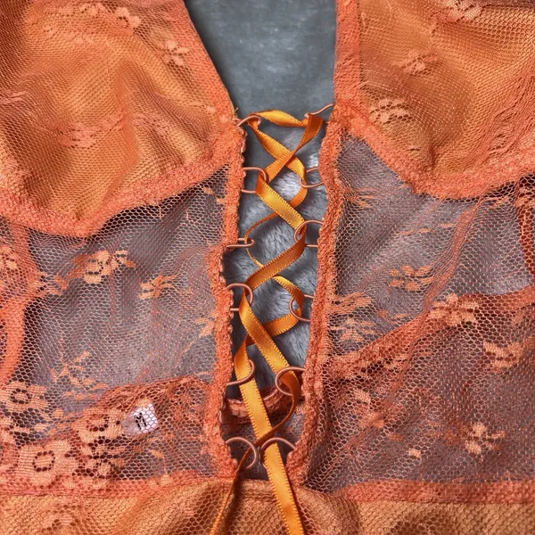 Orange Lace Halter Nighty Sheer Mesh Lace Up Front Ruffle‎ Hem Size M Boho Sexy - Image 9