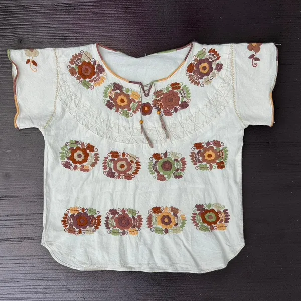Vintage Handmade Mexican Embroidered Peasant Blouse Cottagecore boho Huipil L XL - Image 9