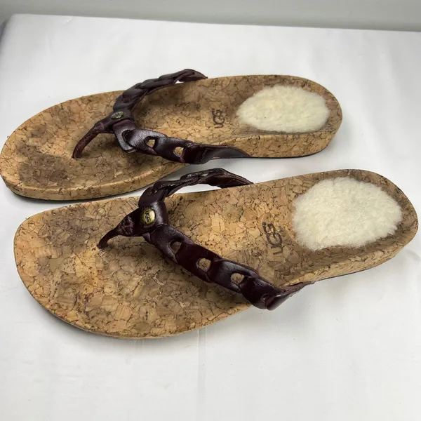 UGG Australia Cork Brown Leather Thong Sandals Shearling Footbed Women US 8 - Image 3