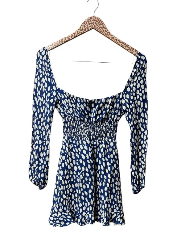 Reformation Rue Long Sleeve Mini Dress Crepe Spotted Lolita Blue White 0 - Image 5