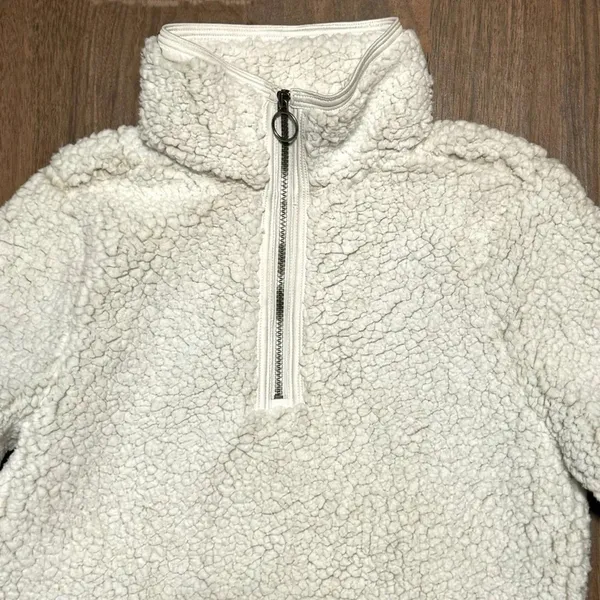 COZY SHERPA Quarter Zip White Pullover Sweater Jacket High Collar Soft Sz Small - Image 3