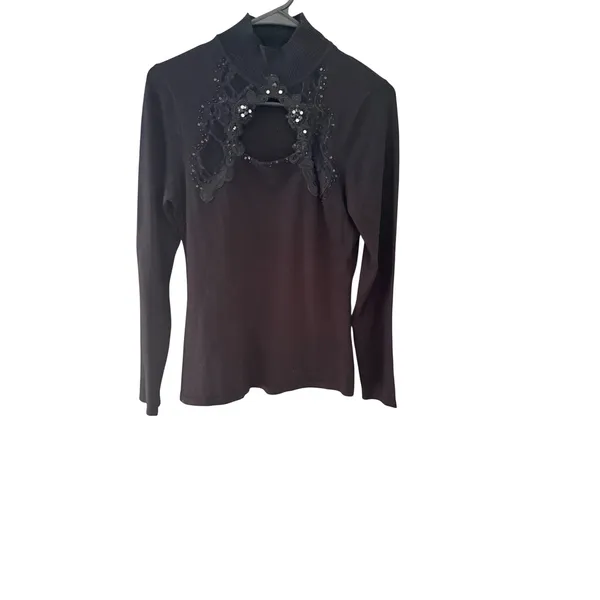 Vintage Whimsigoth Witchy Mock Neck Top Lace Sequin Embellished Knit Sweater - Image 2