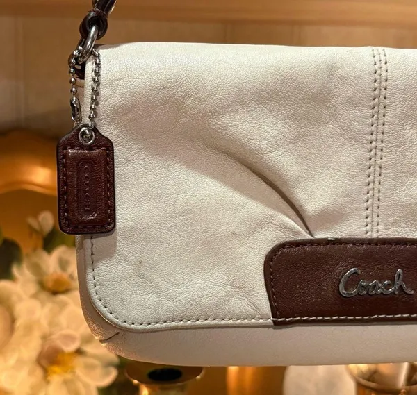 COACH Purse Wrist Clutch Snap Wallet Blue Lined Cream & Brown Leather - Image 2