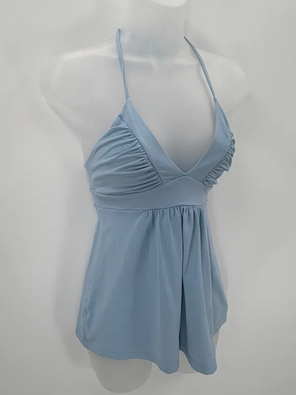 Susana Monaco Halter Top Womens XS Light Blue Ruched Gathered Vneck Stretch Tank - Image 2