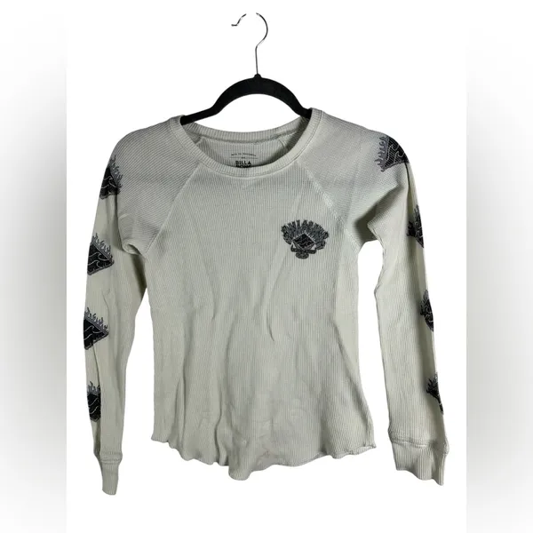 Billabong Waffle Knit Long Sleeve Top XS Cream Graphic Thermal Surf Casual Shirt - Image 2