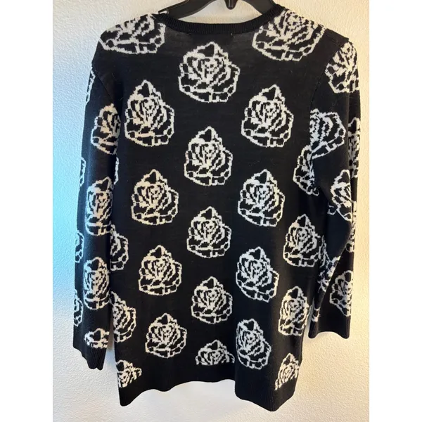 LOFT Ann Taylor Black White Rose Floral Wool Blend Sweater Large 357789 - Image 2