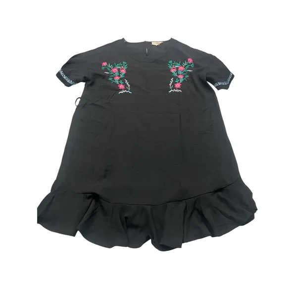 Entro Black Embroidered Boho Floral Ruffle Hem Mini Shift Dress Womens Medium - Image 2