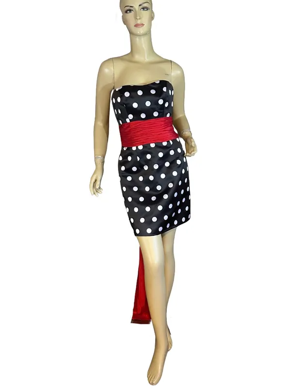 Sherri Hill Black W/White Polka Dots And Over-Sized Red Sash Mini Dress (6) - Image 2