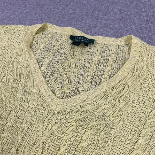 Lauren Ralph Lauren Sweater Womens M Yellow V-Neck Linen‎ Cable-Knit Pullover - Image 3