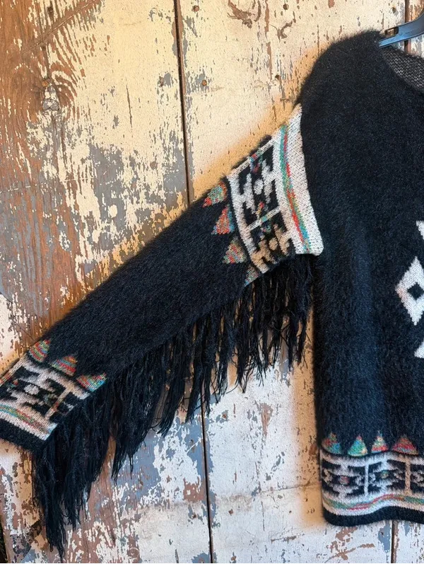 Jodifl Aztec Women's Eyelash Sweater Black Fringe Western size Medium - Image 2