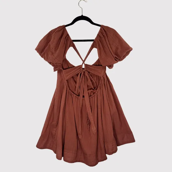 Free People Women Dress Brown Marina Mini Puffed Tie Back A Line Boho Chic Small - Image 2