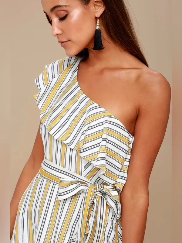 Lulus High Tide Yellow Striped One Shoulder Midi Dress Size Small - Image 4