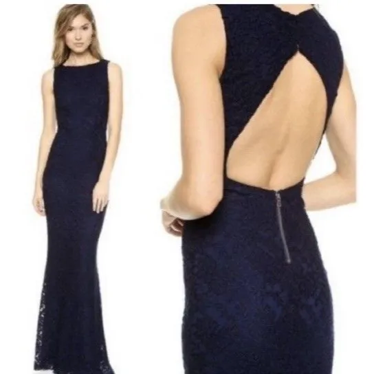 Alice And Olivia Sachi Gown Lace Overlay Long Cocktail Formal Dress Navy Size 2 - Image 4