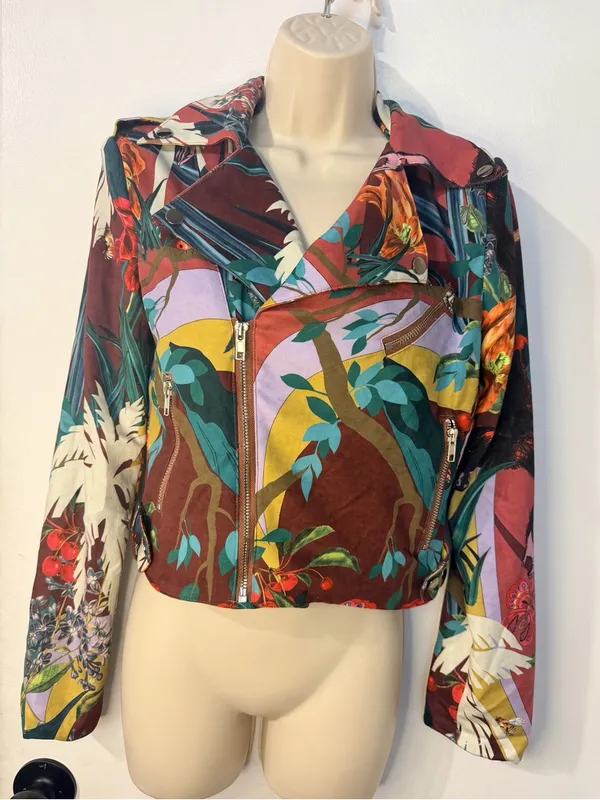 RIVIR Cropped Moto Jacket Size S NWT Tropical Jungle Print Zip - Image 4