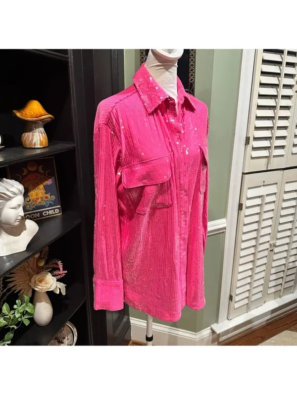 Rachel Zoe Hot Pink Sequin Button-Down Top (Size S, NWT) - Image 3
