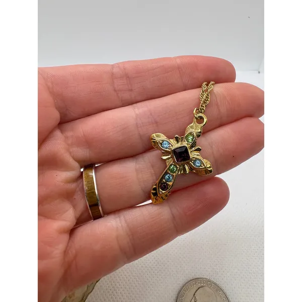 Vintage Premier Designs Gold Tone Multi Color Rhinestone Cross Necklace 18 Inch - Image 5