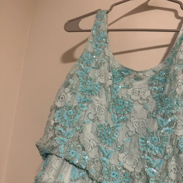 Alice + Olivia Sequin beaded turquoise aqua mini floral beaded lace dress - Image 6