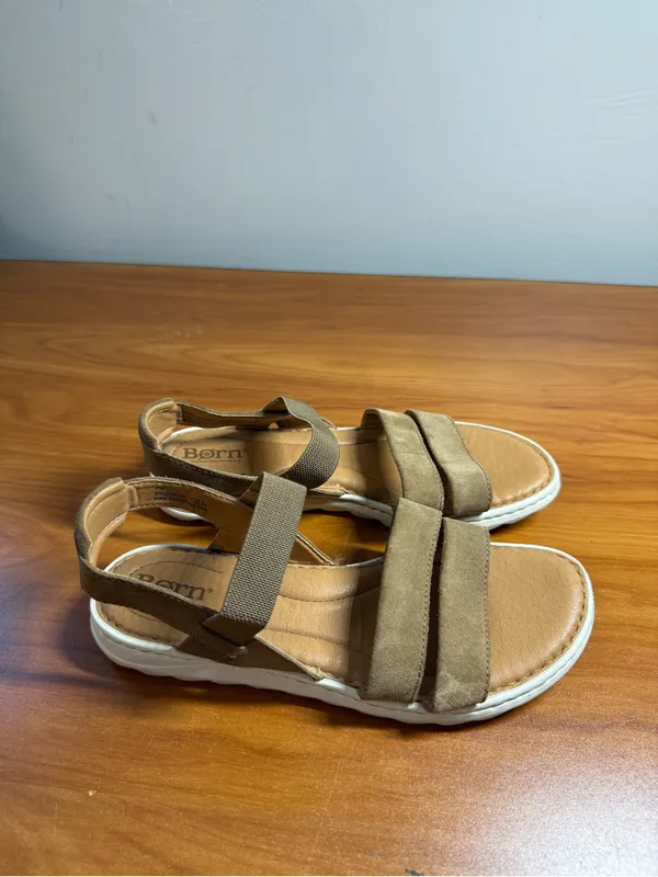 Born Tan Green Slingback Elastic Flat‎ Sandal Leather Suede Comfort Summer W7 - Image 4