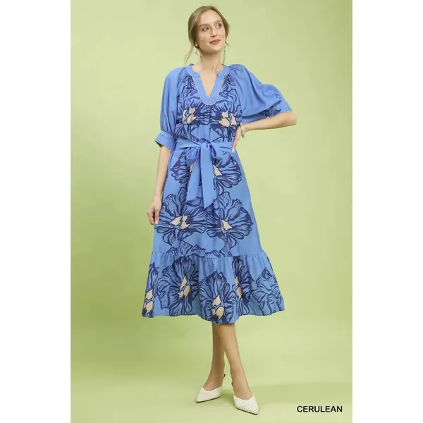 Umgee Floral Belted‎ Midi Dress - Cerulean - Small - Image 2