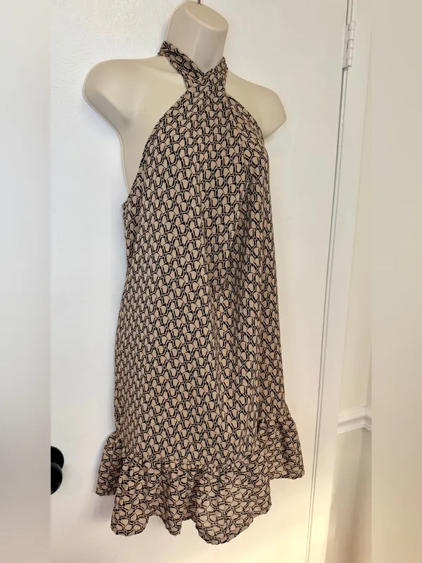 EMERY ROSE Size S Halter Mini Dress Beige Black Geometric Print Ruffle Hem - Image 3