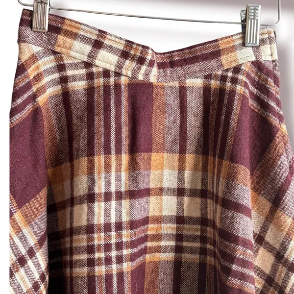 Vintage 70s Plaid Wool Blend Midi Skirt Burgundy Tan A Line AcademiaHeritage - Image 3