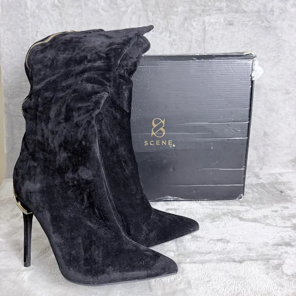 Ariz Suede Knee High Boots Glam Stiletto Pointed Toe Black Women Size 10 - Image 3