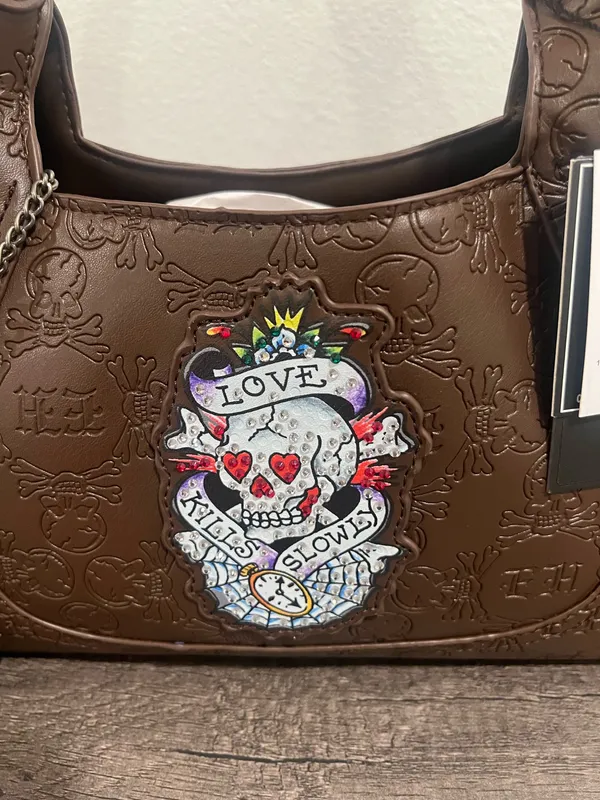 Chocolate Brown Embossed Shoulder Bag with Skull Patch by Ed Hardy - Image 3