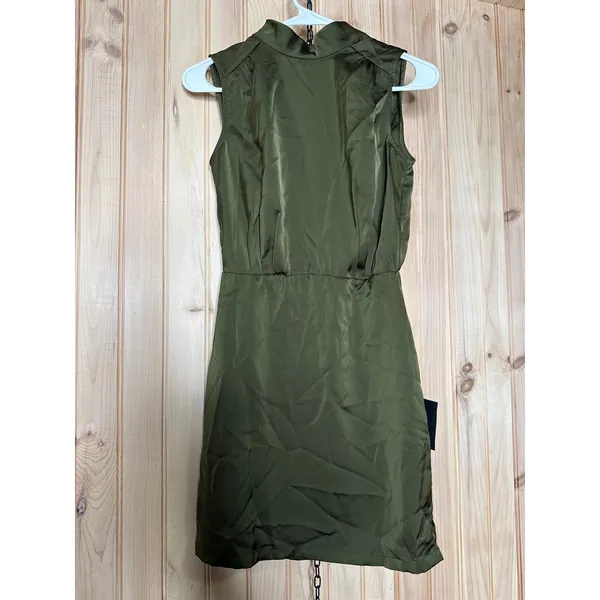 NWOT Lulus Classic Elegance Olive Satin Sleeveless Mock Neck Mini Dress Party M - Image 2