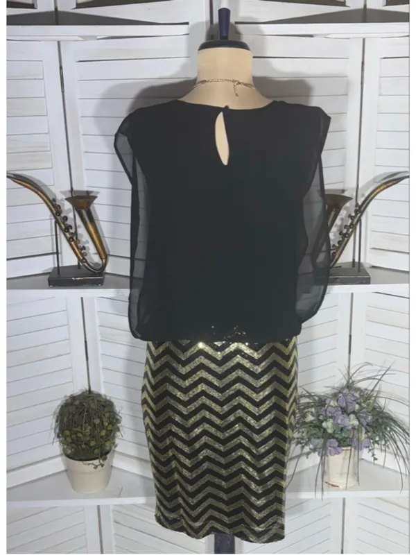 Guess mini cocktail dress black chiffon gold clubbing sequin pinup glam Y2K M - Image 2