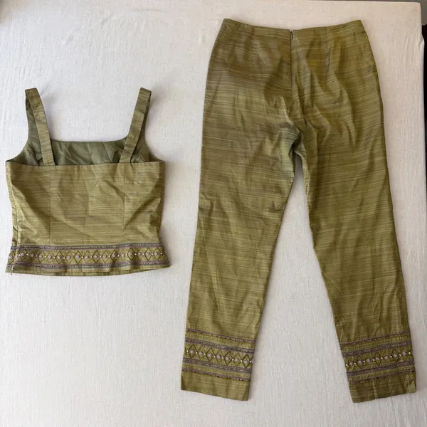 Muse 2 Piece Pant Set Womens 8 Green 100% Silk Beaded Embroidered Crop Top Pants - Image 16