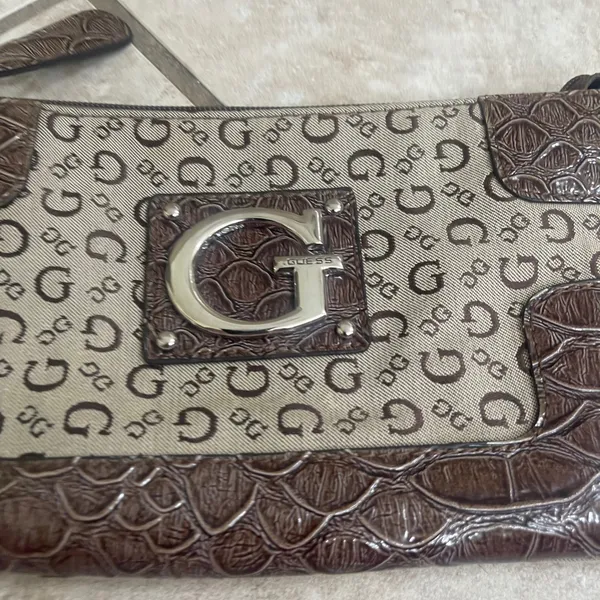 Guess Monogram Canvas Brown Croc Embossed Wristlet Clutch Silver G Logo Bag - Image 2