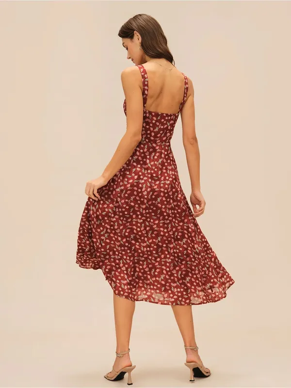 Rihoas Wine Red Floral Slip Midi Dress - Image 7