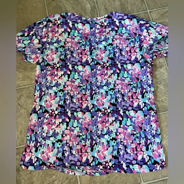Pink/Purple/Blue Patterned Women's Scrub Top Purple Size M - Image 2