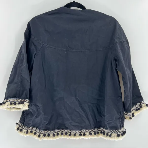 Zara Basic Pom Pom Trim Jacket XS Navy Cotton Boho Embroidered NWT - Image 7
