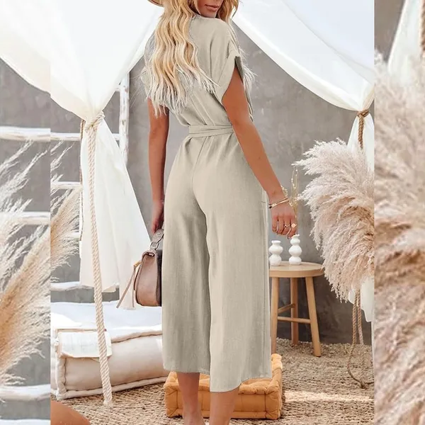 H&M Beige Linen Blend V Neck Button Front Jumpsuit Romper Size XL - Image 2