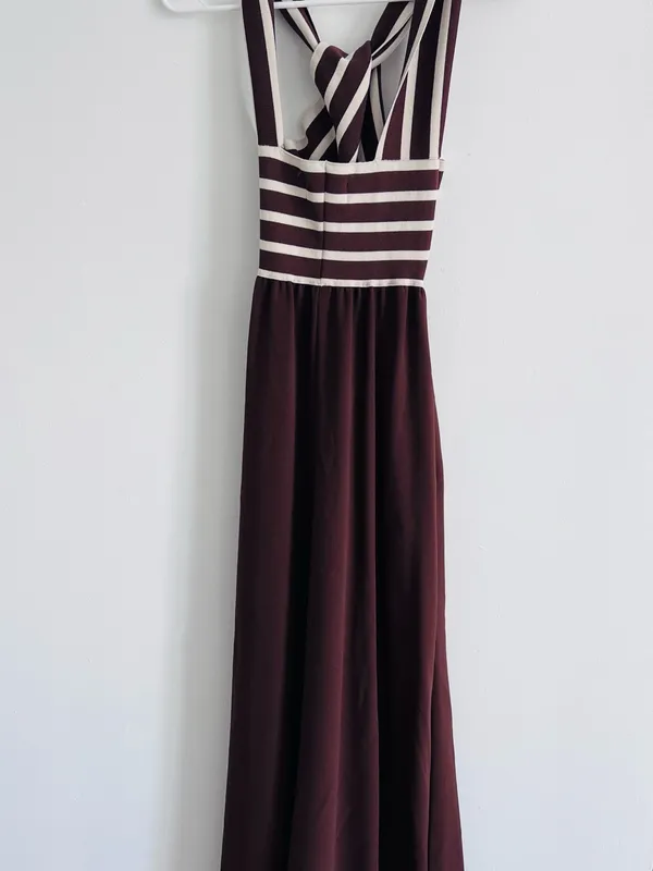 TEN/22 Chocolate Brown Cream Striped Maxi Dress Retro S/M - Image 3