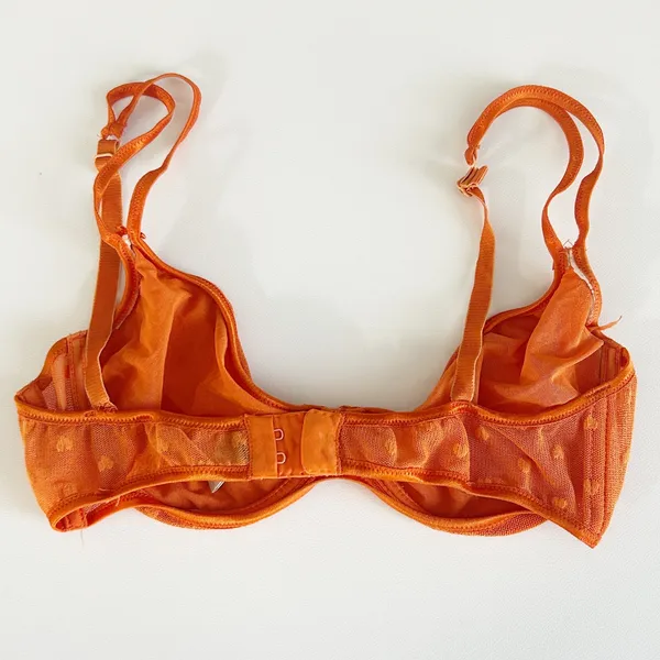 Moschino Womens Orange Heart Flocked‎ Mesh Vintage Italian Lingerie Bra Size 36B - Image 9
