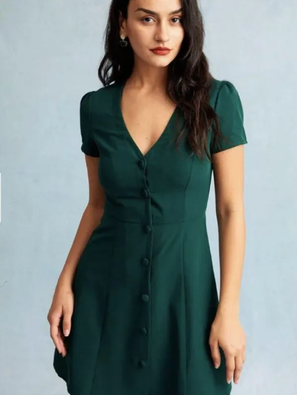 RIOHAS The Dark Green V Neck Button-up Shirt Mini Dress - Image 7