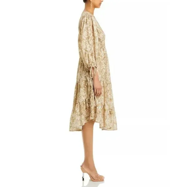 Cupio Midi Dress Women L Tan Gold Geometric Smocked Tiered Boho - Image 3