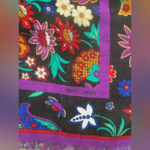 Vintage Caren Charles wool purple floral large square neck head scarf - Image 5