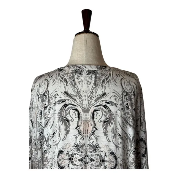 Tribal‎ Shirt Women Large Ivory Gray Floral Fleur Lace Up Neck Ruffle Hem Top - Image 4