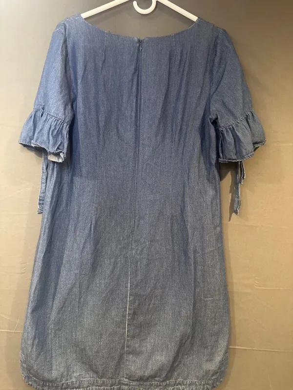 J Crew Womens Medium Chambray Shift Dress Ruffle Tie Sleeve V Neck Blue - Image 5