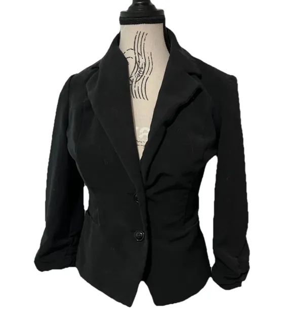 Vintage Y2K Black Blazer Jacket Fitted Ruched Sleeve Office Siren Goth Size 4 - Image 3